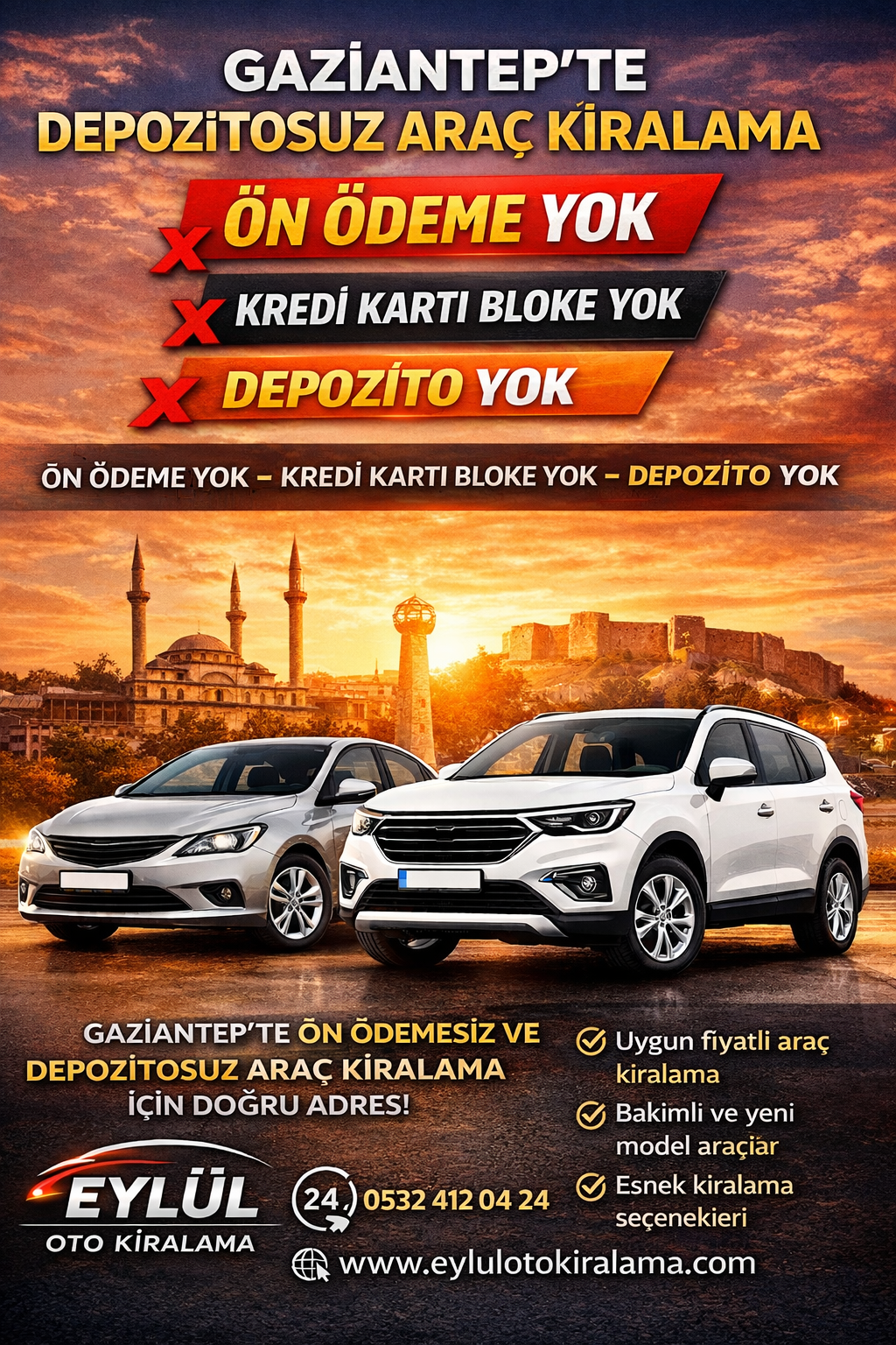 Gaziantep te Depozitosuz Araç Kiralama Ön Ödeme Yok Bloke Yok